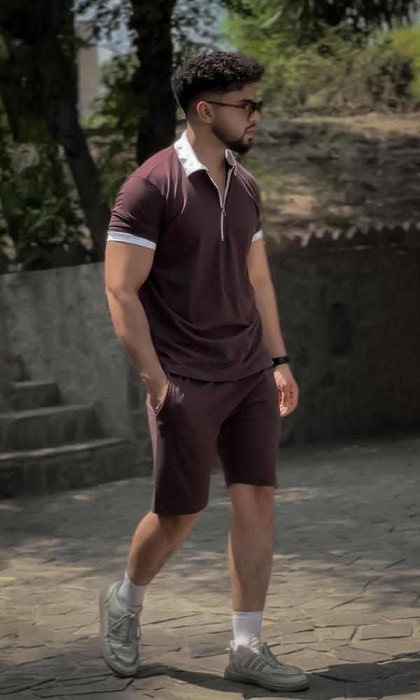 Contrast colar Zipper Short Suit
