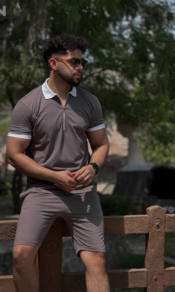 Contrast colar Zipper Short Suit