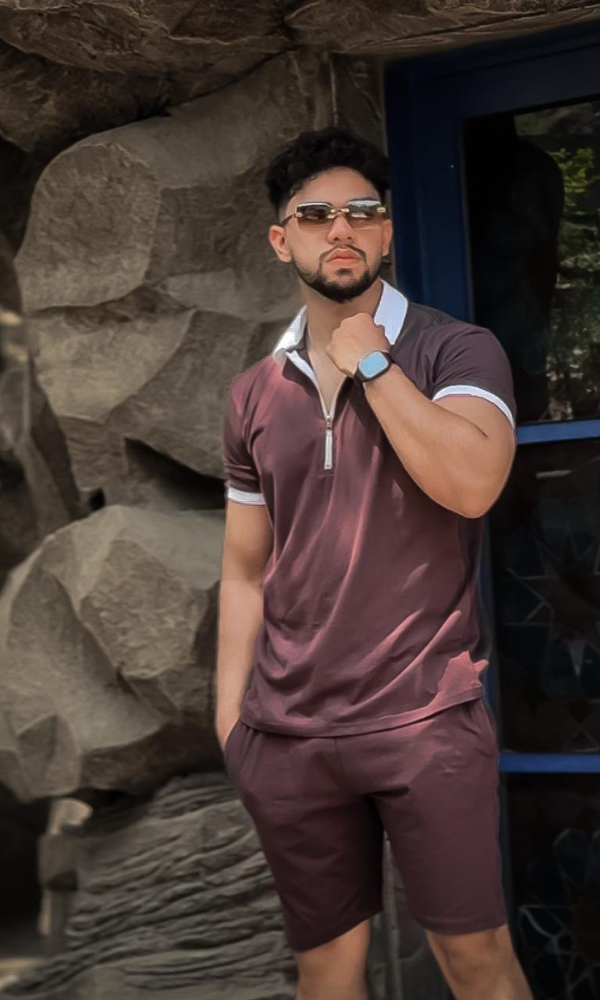 Contrast colar Zipper Short Suit