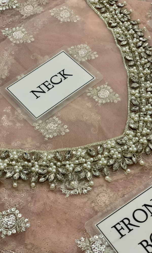 net fully heavy embroidered spengle work front body with adha emblishment necklace